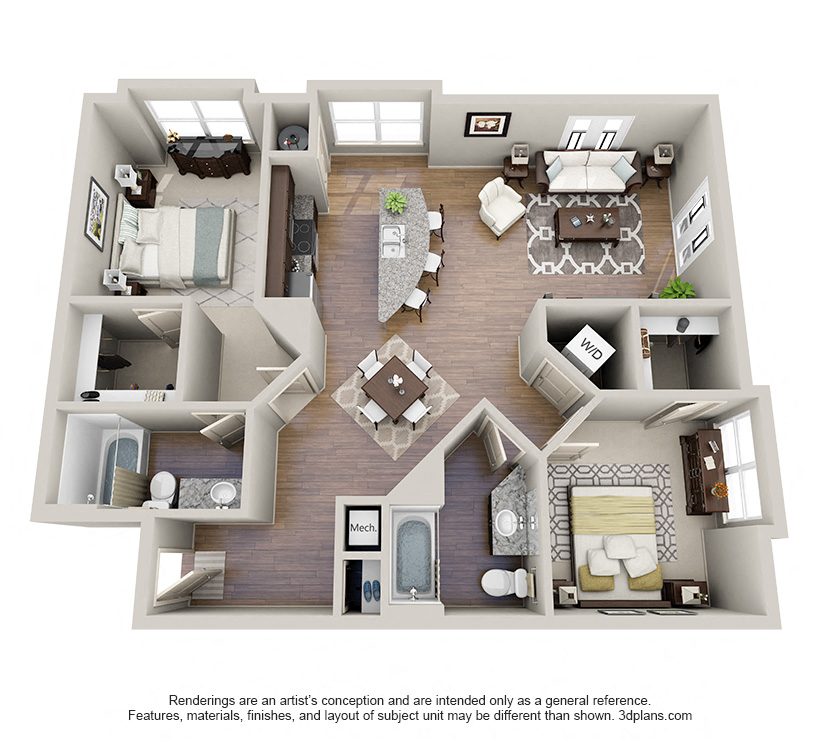 Floor plan for 2 beds, 2 baths, 1111 sqft